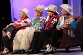 Ranger Doug, Too Slim, Joey and Woody Paul of the Riders In The Sky chat with Lorainne and Charlie on the Crook and Chase show on RFD-TV. 
Copyright Jim Owens Entertainment.
Photo by Karen Will Rogers.