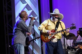 Darius Rucker and Charlie Daniels perform on the Crook and Chase show on RFD-TV.
Copyright Jim Owens Entertainment.
Photo by Karen Will Rogers.