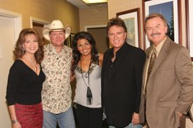 Lorianne, Tracy Lawrence, Crystal Shawanda, T.G. Sheppard and Charlie (left to right) backstage of the Crook and Chase show on RFD-TV.
Copyright Jim Owens Entertainment.
Photo by Karen Will Rogers.