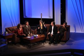 Larry Gatlin shows Lorianne and Charlie his unique guitar on the Crook and Chase show on RFD-TV.
Copyright Jim Owens Entertainment.
Photo by Karen Will Rogers.