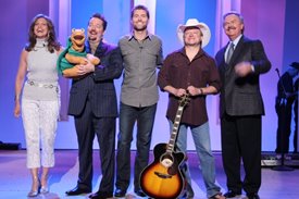 Lorianne, Terry Fator, Josh Turner, Mark Chesnutt and Charlie(left to right)posing for audience pictures after the Crook and Chase show on RFD-TV. 
Copyright Jim Owens Entertainment.
Photo by Karen Will Rogers. 