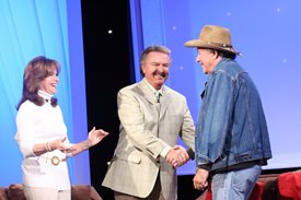 Bobby Bare being greeted by Lorianne and Charlie on the Crook and Chase show.
Copyright Jim Owens Entertainment 2008. Photo by Karen Will Rogers.