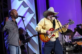 Darius Rucker and Charlie Daniels perform on the Crook and Chase show on RFD-TV.
Copyright Jim Owens Entertainment.
Photo by Karen Will Rogers.