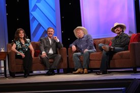 The Bellamy Brothers laugh with Lorianne and Charlie on the Crook and Chase show on RFD-TV. 
Copyright Jim Owens Entertainment. Photo by Karen Will Rogers.